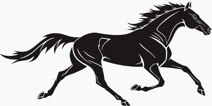 Stylized black silhouette of a powerful running horse with detailed musculature mane tail digital art silhouette graceful athletic movement galloping creature livestock illustration stylized