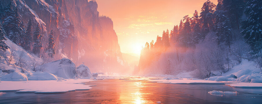 Winter river valley with snow covered trees and cliffs at sunrise, peaceful natural landscape with warm light and icy water reflection