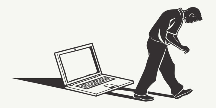 Silhouette of a man walking away from an open laptop with digital detox modern life black and white line art public space silhouette computer technology departure disconnect exhaustion