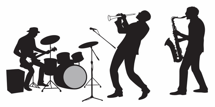 Silhouettes of a jazz band playing instruments with band practice black and white flat design performance musician silhouette illustration entertainer saxophone clarinet guitarist rehearsal
