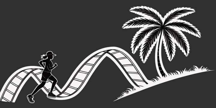 Woman running on a wavy roller coaster track with a palm tree and grass exercise tropical outdoors activity healthy lifestyle recreation endurance challenge adventure destination vacation