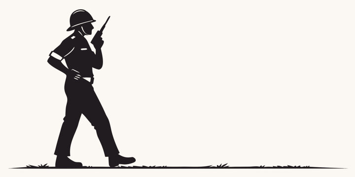 Silhouette of a police officer walking with a radio silhouette communication authority enforcement security prevention detective policeman civilian headwear handheld outdoors minimalist