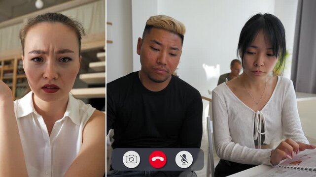 Two students talk with a teacher online. They show different feelings while discussing their work. The call takes place in a classroom setting in the afternoon.