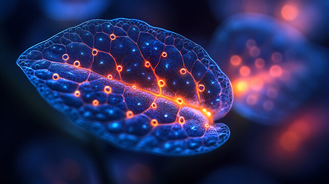 Close-up of bioluminescent cells within a plant leaf, magnified to reveal the light-emitting organelles under professional studio lighting, sharp focus on the cellular activity 