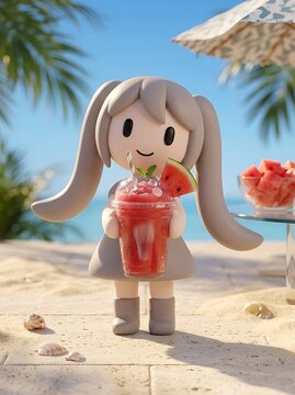 Cute pastel 3D character holding frozen watermelon slush drink on tropical beach
