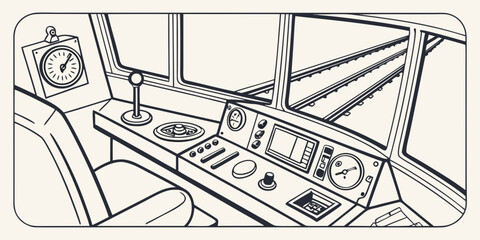 Detailed line art of a locomotive driver cockpit with gauges and track view for coloring or design locomotive dashboard controls transport engineering machinery technical transportation © Aaaa