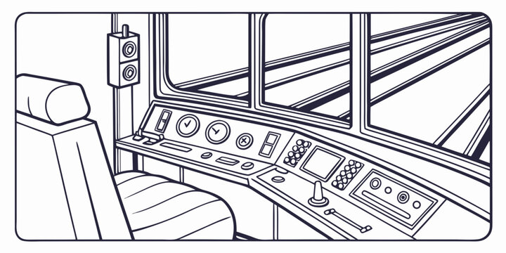 Inside the engineers cab of a train with dashboard and tracks engineer transport dashboard steering railroad technology commuter interior operator perspective machinery equipment carriage