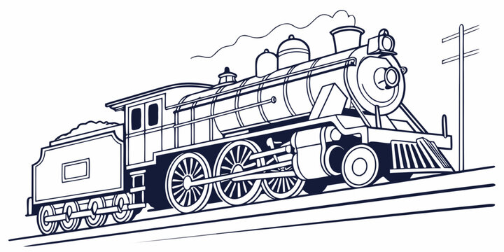 Classic steam train locomotive climbing a rail incline with telegraph poles in minimalist line art style locomotive railroad transport transportation telegraph illustration historical industry