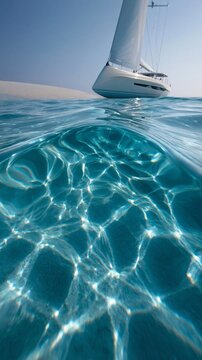 Unterwasseransicht eines wei&szlig;en Segelboots auf t&uuml;rkisblauem Meerwasser mit Lichtreflexen auf dem Sandgrund