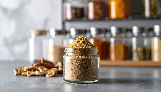 Finely ground dehydrated mushroom powder stored in a small glass jar on a kitchen counter, showcasing a gourmet ingredient used for adding deep earthy umami flavor to various dishes.