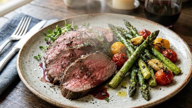 Sliced roast beef with asparagus and cherry tomatoes on plate, gourmet dinner, savory main course, elegant food presentation, warm natural light, realistic texture, no logos