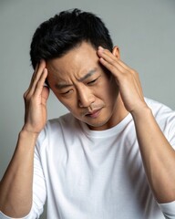 Fototapeta premium Tension relief techniques asian man rubbing temples indoor setting close-up photography emotional expression neutral background