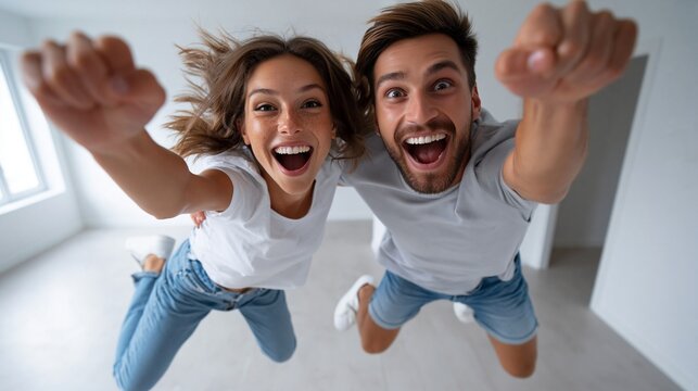 Ein lachendes junges Paar in wei&szlig;en T-Shirts und Jeans springt ausgelassen in einem leeren Raum der neuen Wohnung