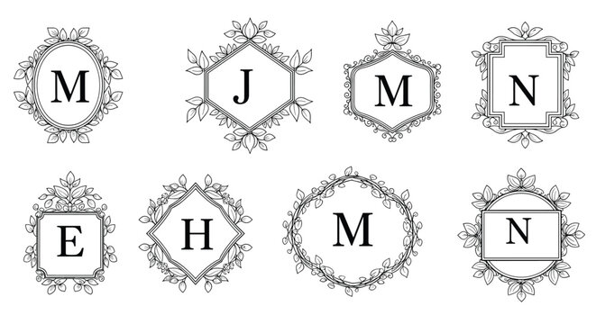 Elegant set of eight monochrome decorative monograms featuring ornate floral and leaf frames around various uppercase capital letters of text.