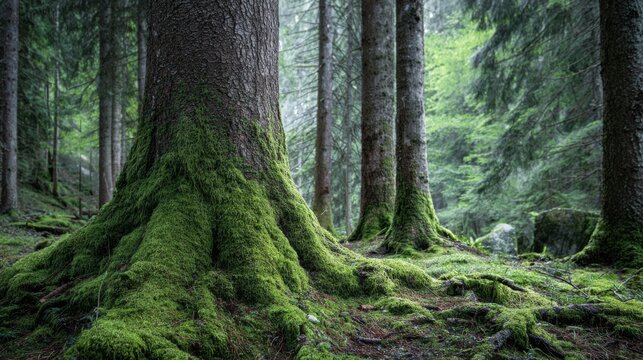 Ancient Forest Floor with Moss Covered Tree Roots and Tall Pine Trees woods