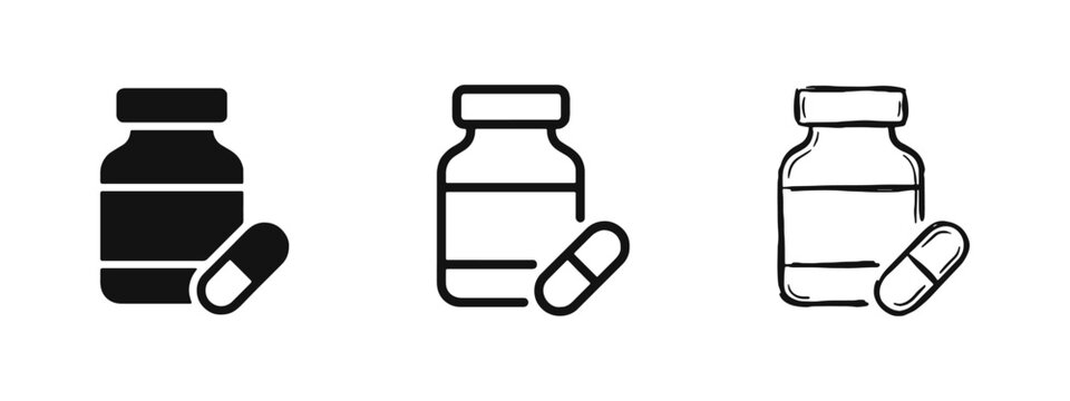 Medicine bottle icon set, drug container with capsule illustration in solid, outline and hand-drawn styles