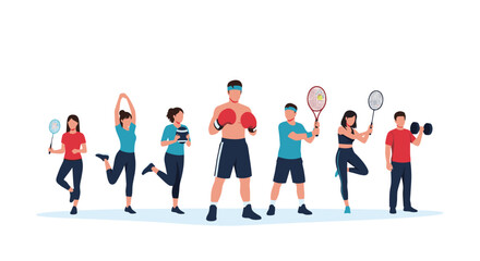 Obraz premium Diverse group of people engaged in various sports and fitness activities including boxing, tennis, badminton, yoga, and weightlifting at a gym.