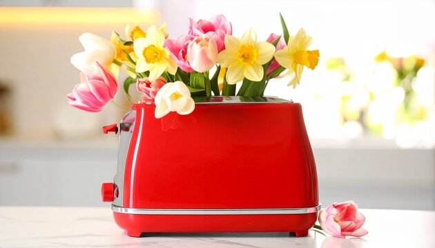 Red toaster repurposed as vase with colorful tulips on wooden surface