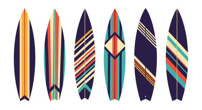 Collection of six colorful surfboards featuring various retro geometric patterns and striped designs isolated on a clean white background.