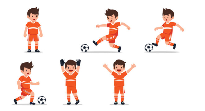 Set of cartoon illustrations featuring a young boy in a bright orange soccer uniform playing football in various energetic and athletic poses.