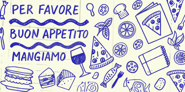 hand drawn illustration of italian food items with phrases on beige background high quality professional