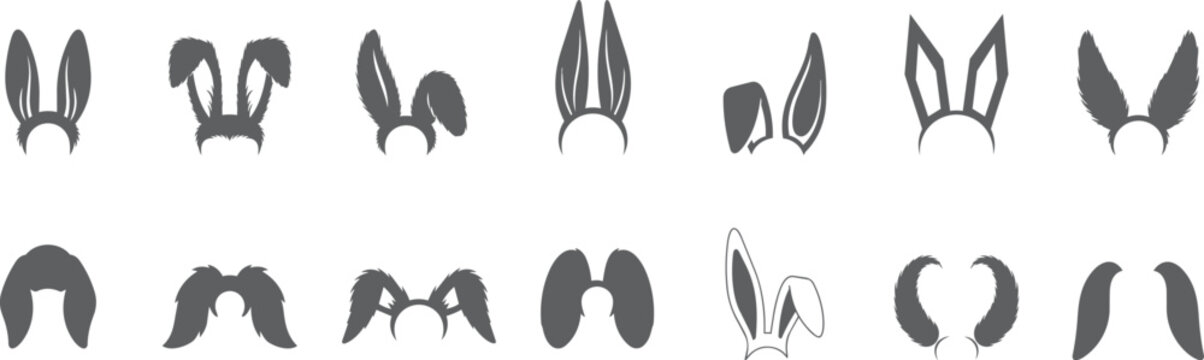 Different style of cute bunny ears or rabbit ears  collection, different shapes, bunny headband vector flat illustration.