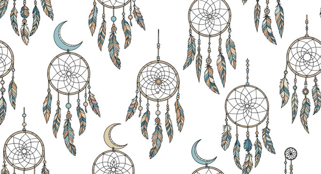 Boho style seamless pattern featuring various dreamcatchers with colorful feathers and crescent moons on a white background.
