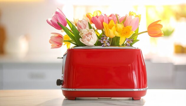 Red toaster repurposed as vase with colorful tulips on wooden surface