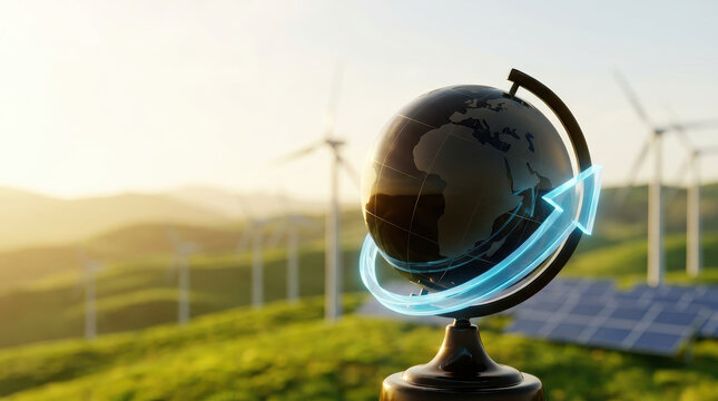 Climate change renewable energy investment green Climate change drives renewable energy investment as glowing arrow circles globe desk with wind turbine and solar panel sunny valley landscape