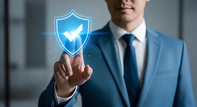 Corporate executive performing digital security authentication with holographic shield interface.