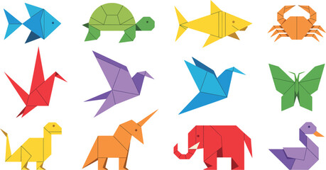 Origami animals vector set, vibrant geometric paper-style illustrations of fish, bird, turtle, unicorn, elephant, and butterfly, perfect for educational, creative, and playful design concepts. © vector gelary