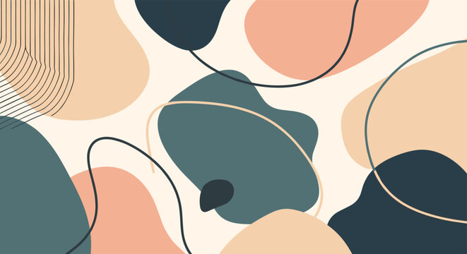 Modern abstract background featuring smooth organic blob shapes in muted earth tones of green, blue, and peach with thin curved lines.