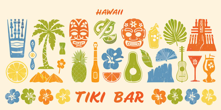 tiki bar elements collection with tropical fruits masks and palm trees high quality professional detailed