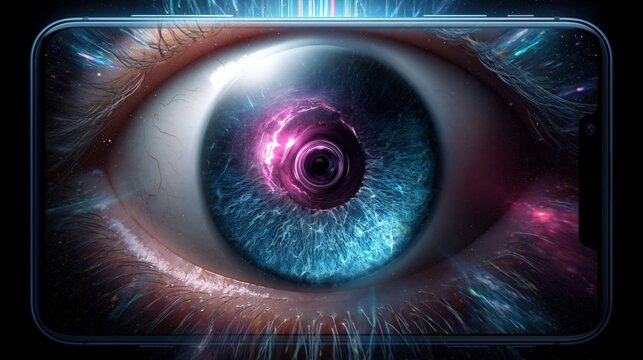 Ein menschliches Auge mit futuristischen digitalen Elementen f&uuml;llt den Bildschirm eines Smartphones aus