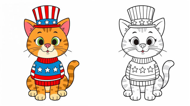 Coloring book-style illustration of a cat with stars and stripes sweaters and uncle sam hats 