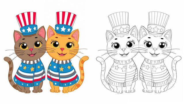 Coloring book-style illustration of two cat with stars and stripes sweaters and uncle sam hats 