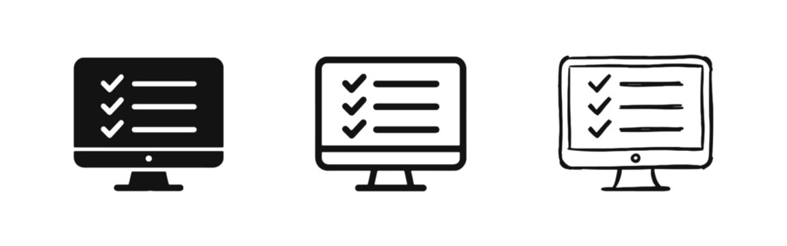 Online test and digital checklist icon set with computer monitor