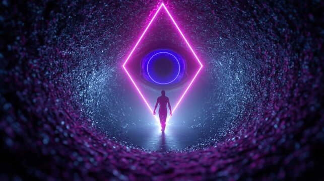 Silhouette einer Person steht in einem felsigen Tunnel vor einem leuchtenden Neonportal in Rautenform