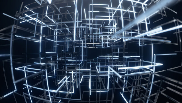 Infinite glowing passage with cinematic reflections and futuristic ambiance