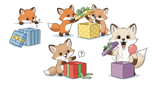 Cute Cartoon Foxes Opening Colorful Gift Boxes Set