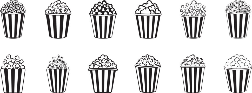 Icon of a striped popcorn bucket overflowing with fluffy popcorn silhouette collection, different variations.
