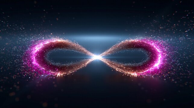Leuchtendes Unendlichkeitssymbol aus rosa-goldenen Glitzerpartikeln auf dunklem Hintergrund mit Lichtstrahlen