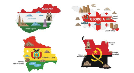 Fototapeta premium Country Maps with National Flags and Iconic Landmarks Illustration