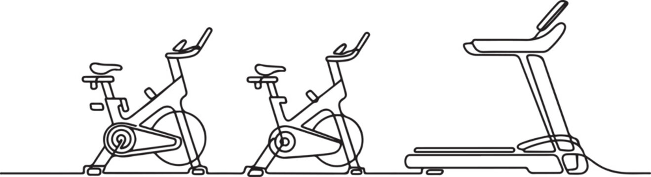 Fitness club exercise continuous one line drawing. Minimalistic hand drawn stationary bicycles, treadmills.one line vector illustration on white background
