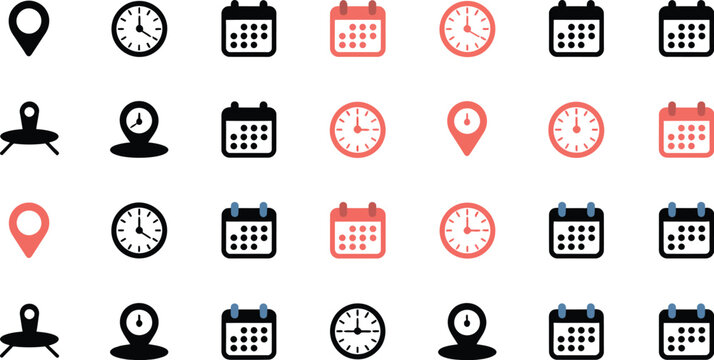 Address time date icons set, location pin, clock and calendar symbols, vector icon collection for address details, scheduling, event planning and navigation UI design.
