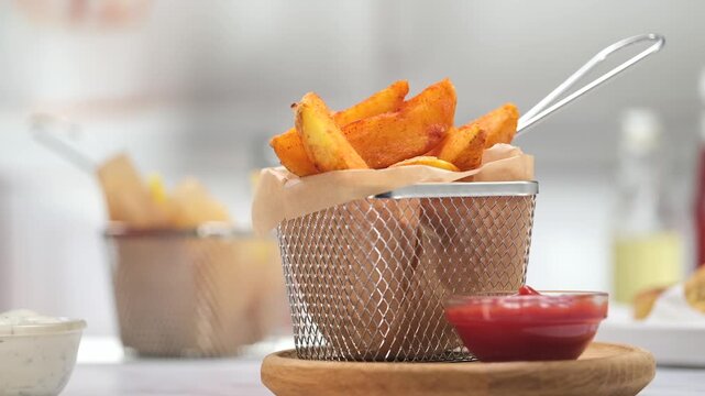 Seasoned potato wedges dipped in ketchup by hand in modern kitchen, copy space