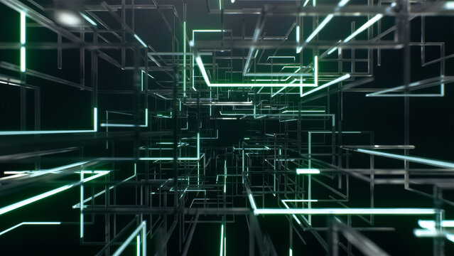 Suspended cubes highlighted in blue construct deep and captivating virtual scenery