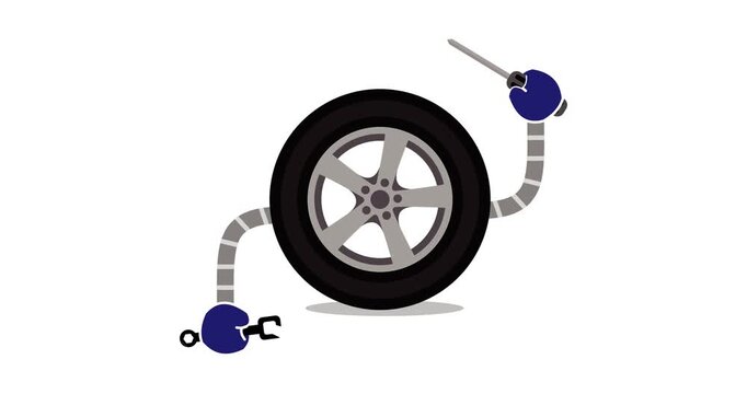 Animated footage of a car tire wheel holding wrench and screwdriver