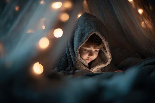 Toddler using tablet in cozy blanket fort