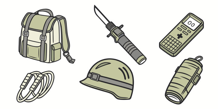 Camping and adventure equipment icons including backpack tactical knife digital radio helmet flashlight climbing rope with adventure equipment backpack flashlight climbing survival exploration